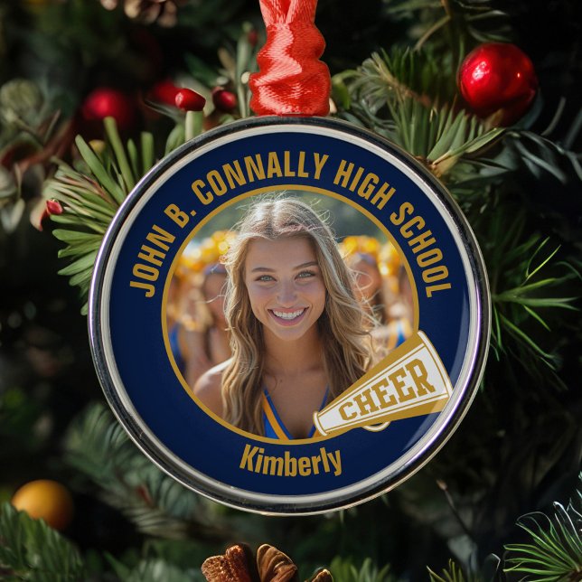 Navy Blue Gold Cheerleader Photo Christmas Metal Ornament (Creator Uploaded)