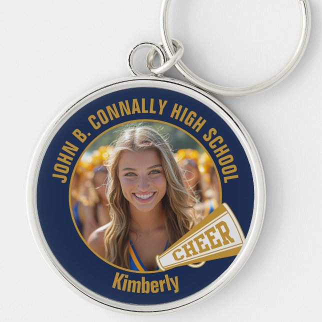 Navy Blue Gold Cheerleader Photo High School Key Ring (Front)