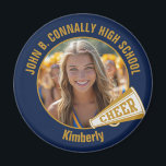 Navy Blue Gold Cheerleader Photo High School Magnet<br><div class="desc">This cool customized high school cheerleader photo gift features gold typography of your team and player name on a navy blue magnet with a cheer megaphone. Personalize with your student's photograph and class year as a proud cheerleading parent. A great gift for a mom or dad.</div>