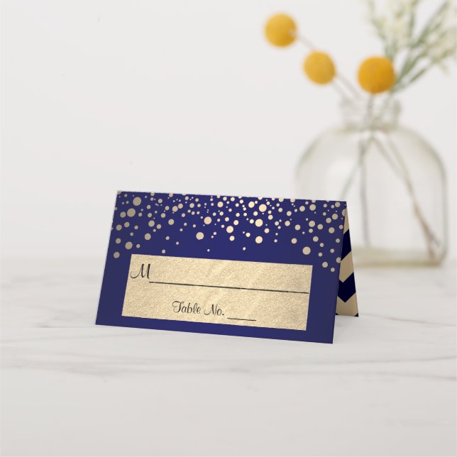 Navy Blue & Gold Chevron & Confetti Dots - Wedding Place Card (Front)