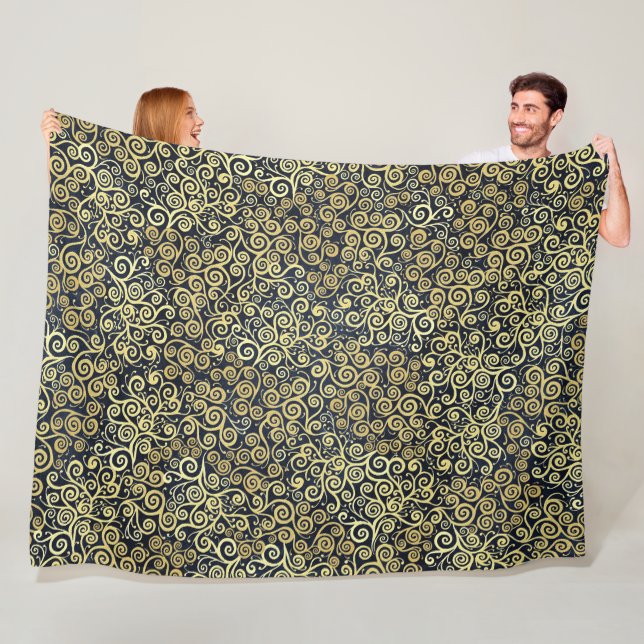  Navy Blue & Gold Chic Luxury Flourish Dark Winter Fleece Blanket (In Situ)