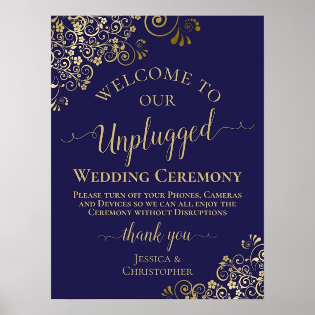 Navy Blue & Gold Chic Unplugged Wedding Ceremony Poster (Front)