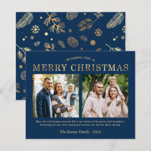 Navy Blue Gold Christmas Photo Card