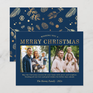 Navy Blue Gold Christmas Photo Card