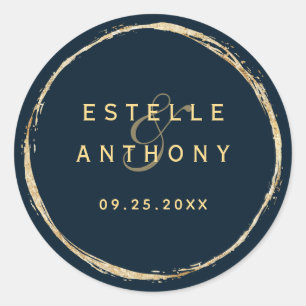 Navy Blue Gold Circle Frame Ampersand Wedding Classic Round Sticker