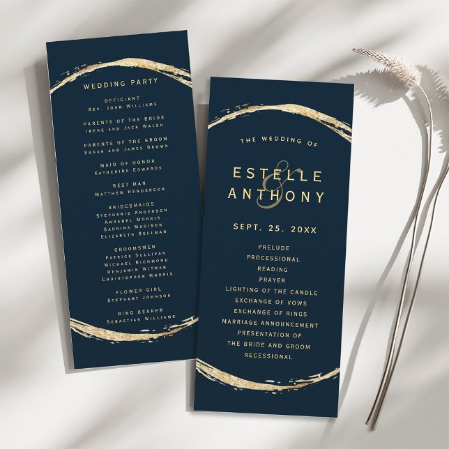 Navy Blue Gold Circle Frame Ampersand Wedding Program (Front & Back)