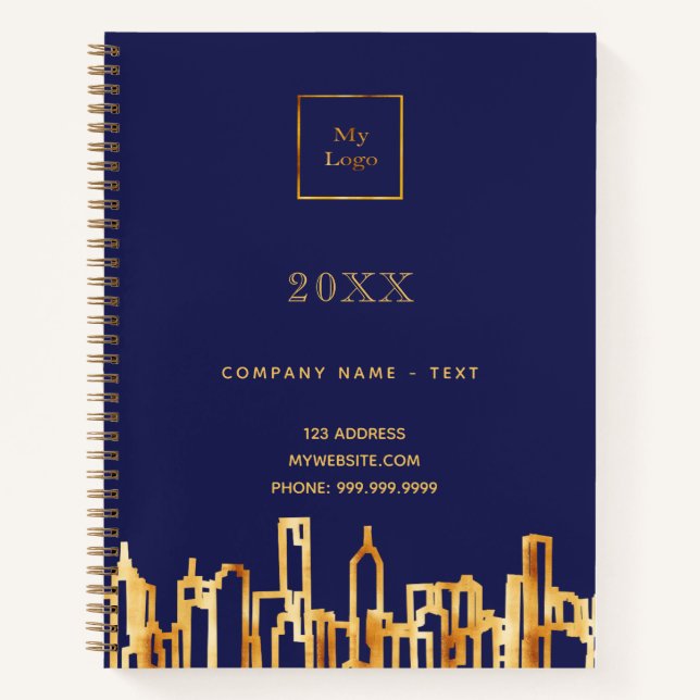 Navy blue gold city skyline business logo notebook (Front)