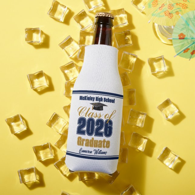 Navy Blue Gold Class of 2026 Graduation Party Bottle Cooler (In Situ Summer)