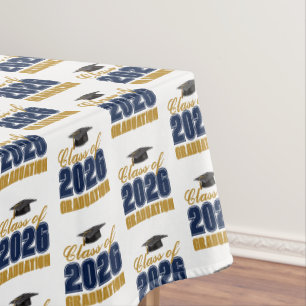 Navy Blue Gold Class of 2026 Graduation Party Tablecloth