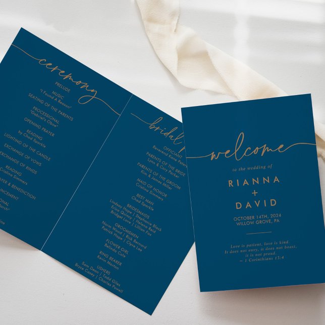 Navy Blue Gold Classic Folded Wedding Program (Creator Uploaded)