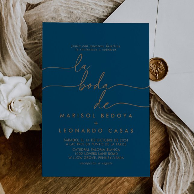 Navy Blue Gold Classic La Boda de Wedding Invitation (Creator Uploaded)