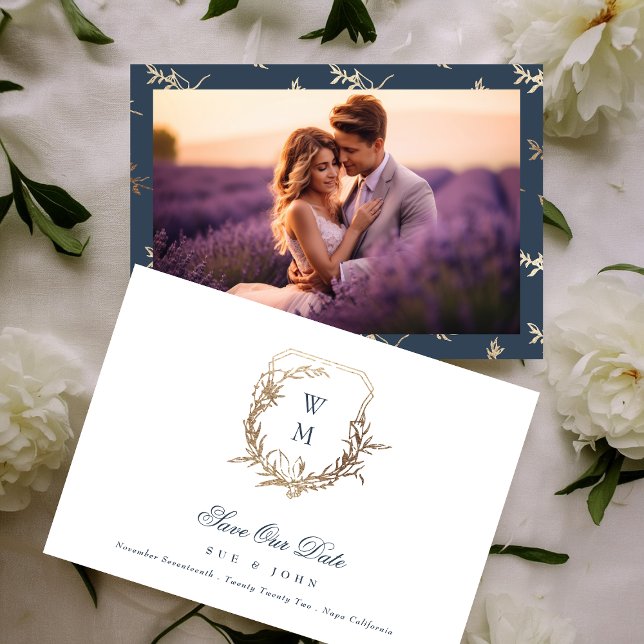 Navy Blue Gold Classic Monogram Crest Wedding Save The Date (Creator Uploaded)