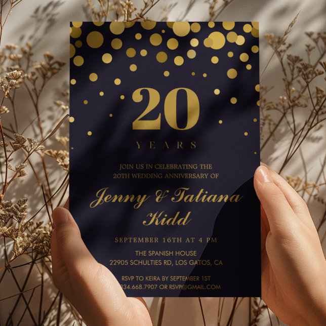 Navy Blue & Gold Confetti 20th wedding anniversary Invitation (Creator Uploaded)