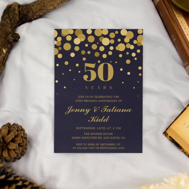 Navy Blue & Gold Confetti 50th wedding anniversary Invitation (Creator Uploaded)