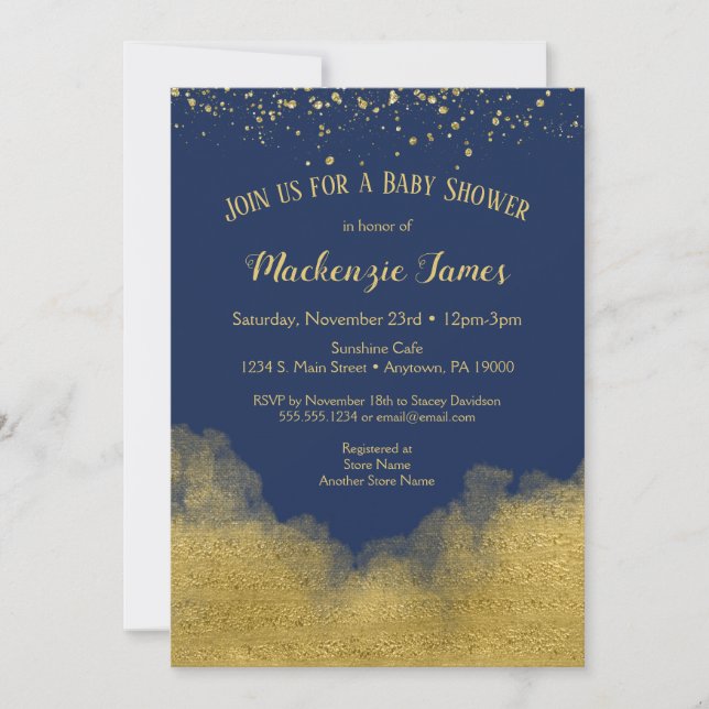 Navy Blue Gold Confetti Baby Shower Invitation Boy (Front)