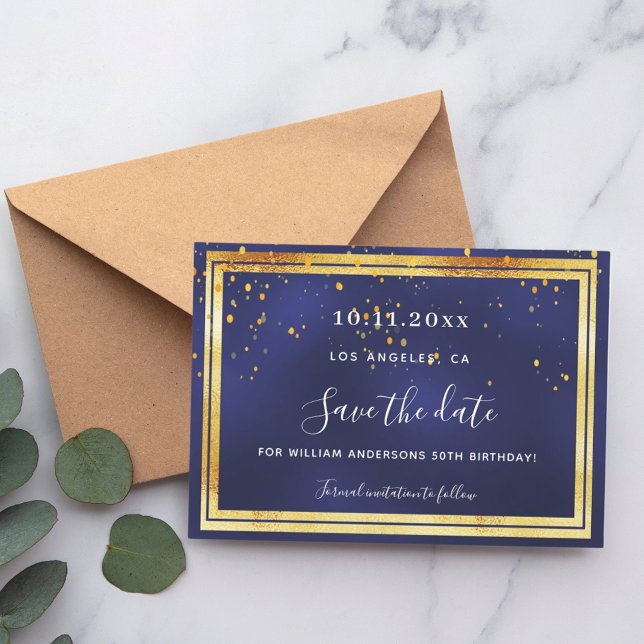 Navy blue gold confetti birthday save the date (Creator Uploaded)