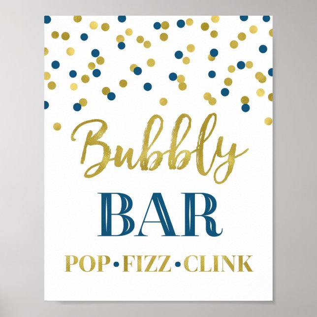 Navy Blue Gold Confetti Bubbly Bar Sign (Front)