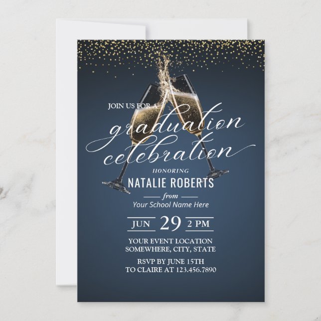 Navy Blue Gold Confetti Cheers To Graduation Invitation (Front)