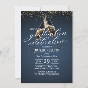 Navy Blue Gold Confetti Cheers To Graduation Invitation
