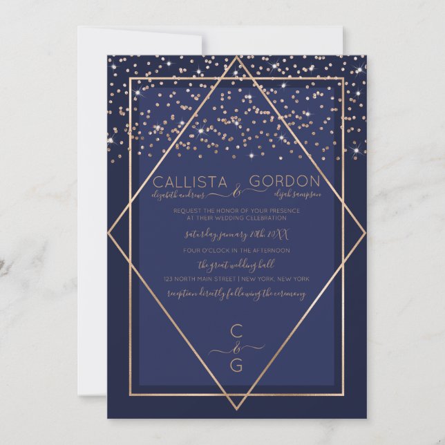 Navy Blue Gold Confetti Geo Border Wedding Invitation (Front)