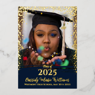 Navy Blue Gold Confetti Graduation Announcement