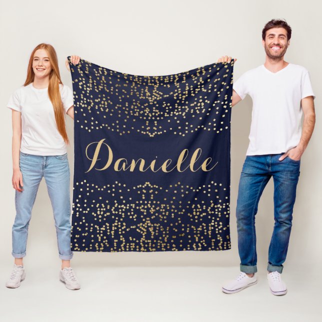 Navy Blue Gold Confetti Monogram Name Fleece Blanket (In Situ)