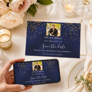 Navy blue gold confetti photo birthday save the date