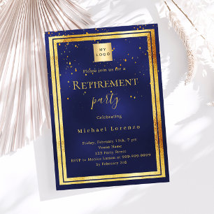 Navy blue gold confetti retirement business logo invitation