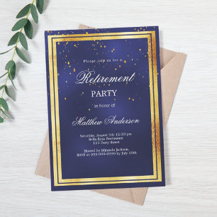 Navy blue gold confetti retirement party invitation