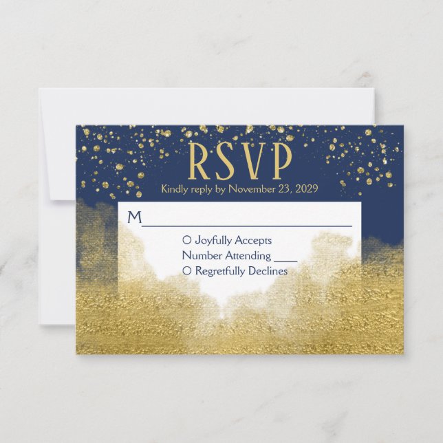Navy Blue Gold Confetti RSVP Wedding Response (Front)