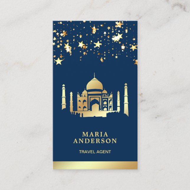 Navy Blue Gold Confetti Taj Mahal Travel Agent Business Card (Front)