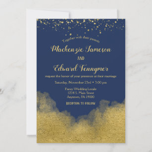 Navy Blue Gold Confetti Wedding Invitation Elegant