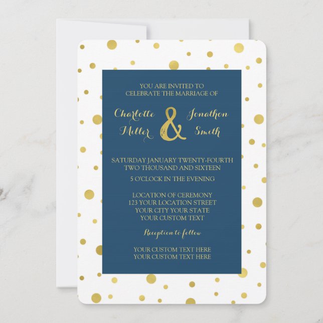 Navy Blue Gold Confetti Wedding Invitations (Back)