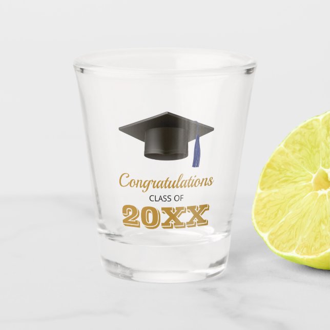 Navy Blue Gold Congratulations College Graduation Shot Glass (Front)