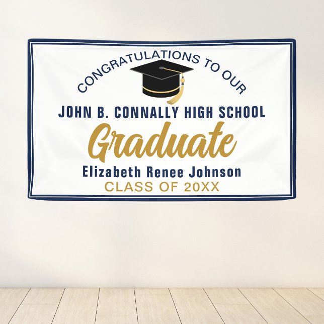 Navy Blue Gold Congratulations Graduate Party Banner (Creator Uploaded)