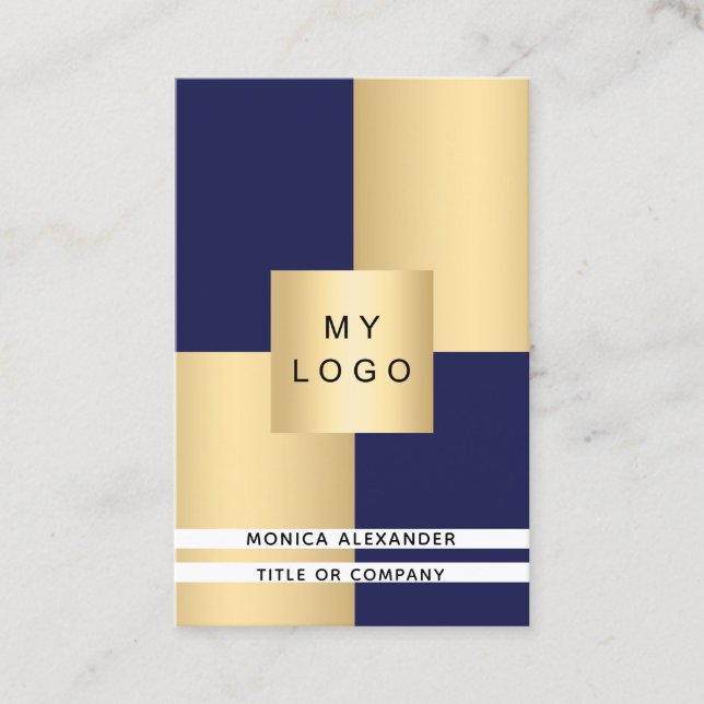 Navy blue gold corporate logo QR code Business Card (Front)