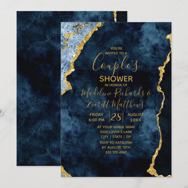 Navy Blue Gold Couple's Wedding Shower Invitation (Front/Back)