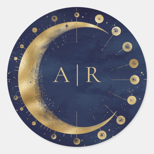 Navy Blue Gold Crescent Moon Wedding Envelope Seal (Front)