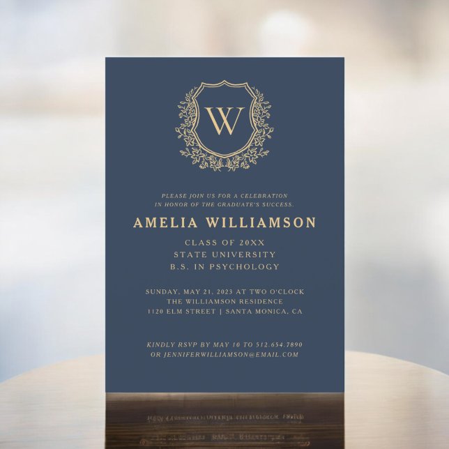 Navy Blue Gold Crest Monogram Graduation Party Invitation (Creator Uploaded)