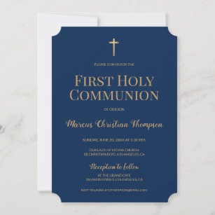 Navy Blue Gold Cross Boy First holy communion  Invitation