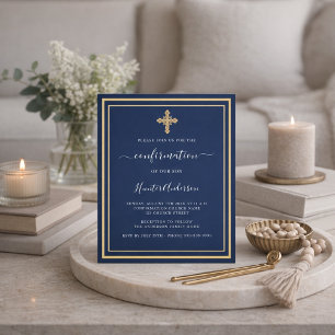 Navy blue gold cross boy invitation