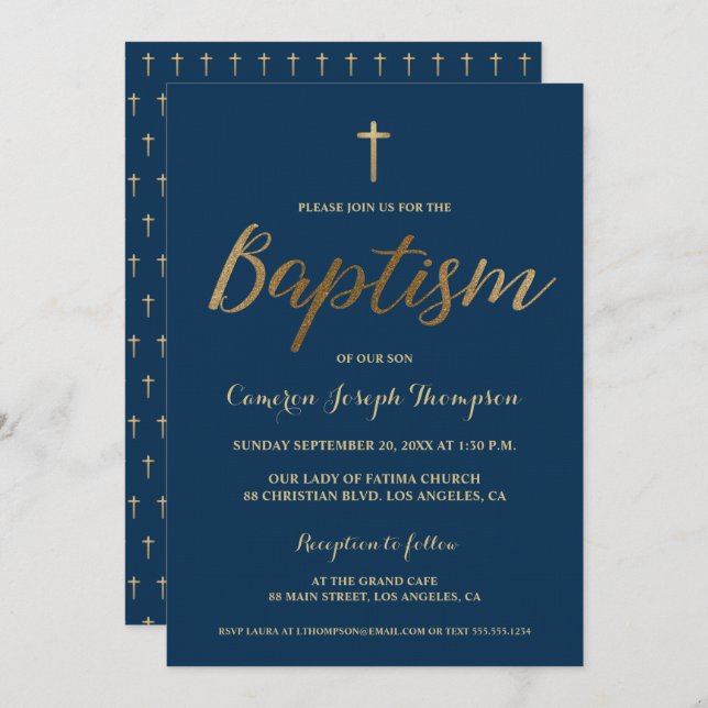 Navy Blue Gold Cross Custom Baby boy Baptism Invitation (Front/Back)