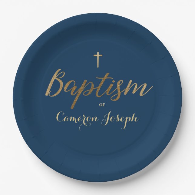 Navy Blue Gold Cross Custom Baby boy Baptism Paper Plate (Front)