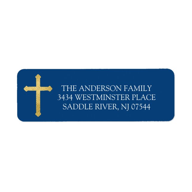 Navy Blue Gold Cross Holy Communion Return Address Label (Front)