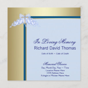 Navy Blue Gold Cross In Loving Memory Memorial Invitation