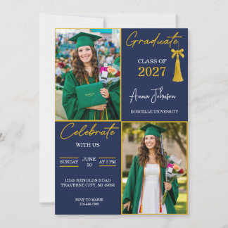 Navy Blue & Gold Custom 2 Photo Graduation Party Invitation