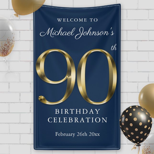 Navy Blue Gold Custom 90th Birthday Party Welcome Banner (Navy Blue Gold Custom 90th Birthday Party Welcome Banner)