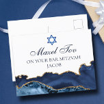 Navy Blue Gold Custom Bar Mitzvah Mazel Tov Postcard<br><div class="desc">Elegant navy blue and gold agate decorates the side of this modern Bar Mitzvah party congratulations postcard. Mazel Tov! Customise it under the Star of David. Perfect postcard for a chic,  stylish Jewish family celebrating a boy being called to the Torah.</div>