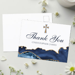 Navy Blue Gold Custom Christian Cross Thank You Postcard
