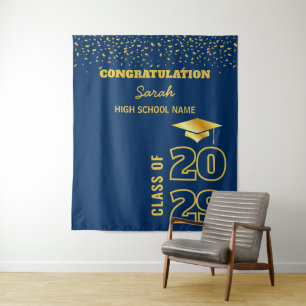 Navy Blue & Gold Custom Graduation Party Backdrop Tapestry